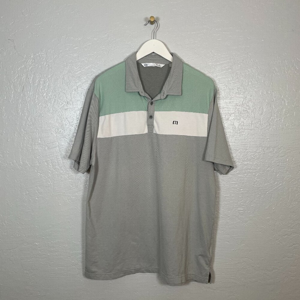 Travis Mathew Men XL Gray Green White Polo Shirt Performance Golf Resortwear
